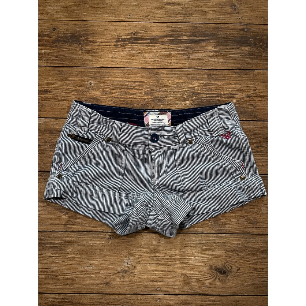 Y2K American Eagle Striped Cinch Micro Mini Low Rise Shorts 2 Nautical Preppy